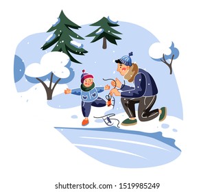 Ice skating flat vector illustration. Parents with child winter leisure outside activity isolated design element on white background. Father wearing skater shoe on son foot cartoon characters