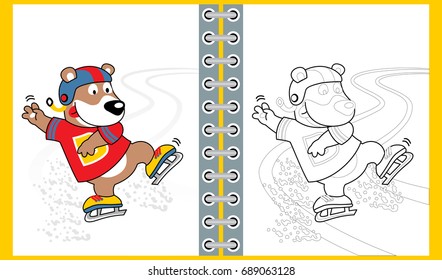 Ice skating with funny bear, coloring book or page, vector cartoon illustration