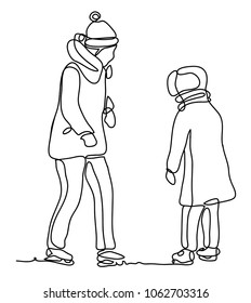 Ice skating girl with her mother. Mother carying about her child on ice. Vector Illustration. Continuous line drawing.