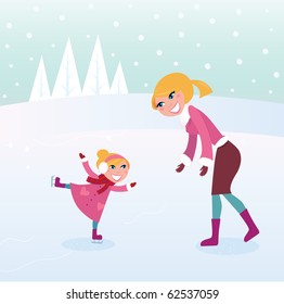 Ice skating girl with her mother on sport stadium. Mother carying about her child on ice. Vector Illustration.