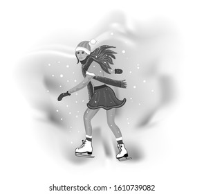 Ice skating girl. Girl in santa costume. Girl skates	