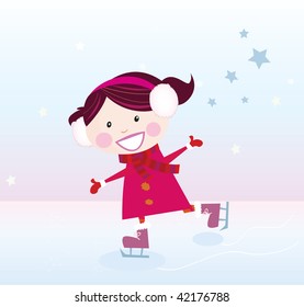 Ice skating girl. Small girl with big smile on ice. Vector cartoon illustration.