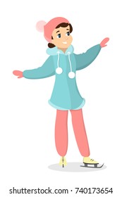Ice skating girl in winter clothes on white.