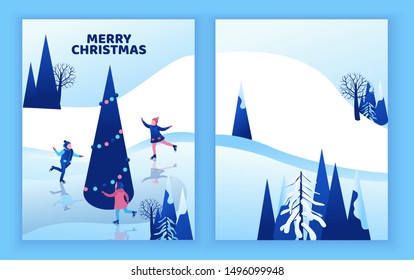 Ice skating greeting card, isometric kids, 3d vector winter people, sport family, christmas tree decorated, children playing and riding skate, simple skater, rink, outdoor snow games, minimal design