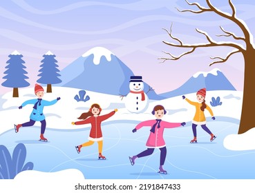 Patinaje sobre hielo Dibujo de caricatura Ilustración plana de diversión de invierno Actividades deportivas al aire libre en pista de hielo con ropa de calle estacional