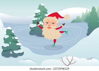 Ice skating happy Santa Claus character for Christmas greeting card vector illustration. Winter activity of cartoon funny active grandfather with beard, red hat, costume and skates in winter forest.