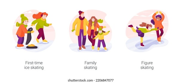 Ice Skating Isolated Cartoon Vector Illustration Set. People Ice Skating For The First Time, Family Have Fun, Winter Entertainment, Figure Skating Training, Kid Performing On Ice Vector Cartoon.