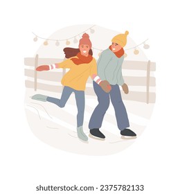 Eislaufen einzeln Cartoon Vektorgrafik. Fröhliches Paar, das die Hände auf dem Eislaufplatz hält, Teenager, die zusammen Spaß haben, Winteraktivitäten, gesunder Lebensstil, Weihnachtsvektorgrafik.