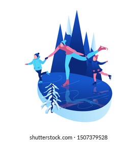 Ice skating isometric people, 3d vector winter sport family, christmas tree decorated, mother and kids playing and riding skate, simple skater, skating rink, outdoor snow games, cartoon characters