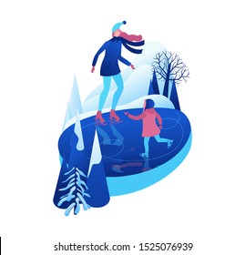 Ice skating isometric people, 3d vector winter sport family, christmas tree decorated, mother and kid playing and riding skate, simple skater, skating rink, outdoor snow games, cartoon characters