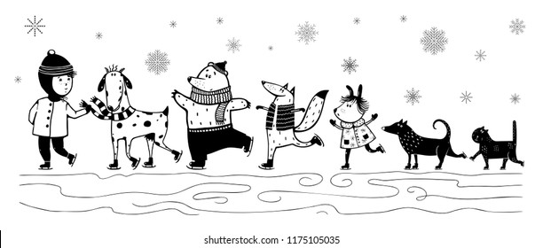 Ice Skating Kid and animals pets friends in winter. Monochrome vintage cartoon kid and animals in winter.