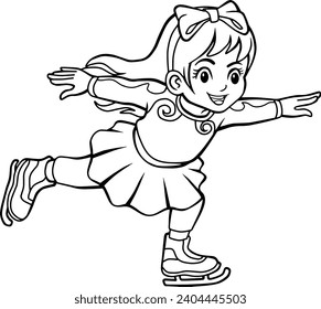 ice skating kid line vector illustration isolated on white background
