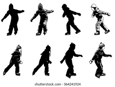 ice skating kids silhouettes - vector