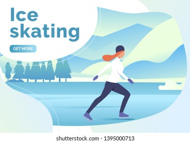Ice skating lettering, skater woman and snowy landscape. Lifestyle, activity, nature, ice concept. Presentation slide template. Vector illustration can be used for topics like winter, holiday, sport
