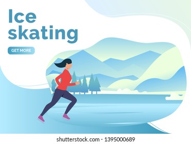 Ice skating lettering, sporty woman skating with snowy landscape. Lifestyle, activity, nature concept. Presentation slide template. Vector illustration for topics like winter, holiday, sport