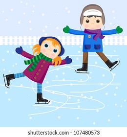 Ice skating little girl and boy. Vector illustration