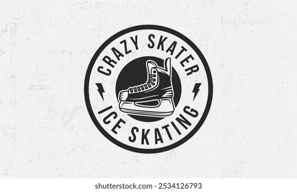 Ice Skating logo. Trendy vintage poster with ice skates. Grunge texture. Vector illustration