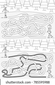 Ice skating maze for kids with a solution in black and white