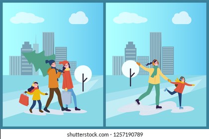 Ice skating of mother and daughter, winter activity vector. Family day, preparation for Christmas holiday, father carrying pine tree bought on market