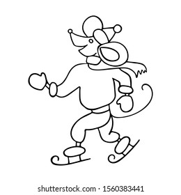 Ice skating mouse in winter clothes. Handwork. Line drawing. Character. Symbol of the 2020 New Year. Winter sport. Black-white drawing. Coloring. Isolated object.