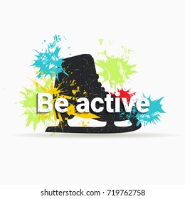 Ice skating on background with color spots. Grunge vector illustration