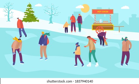 Ice skating on the ice rink. Family ice skating. Winter vacation. Vector flat cartoon illustration.