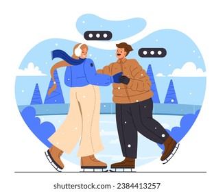 Ice skating outdoor concept. Man and woman at ice in skaters. Active lifestyle and sport. Christmas and New Year season. People walk outdoor in cold weather. Cartoon flat vector illustration