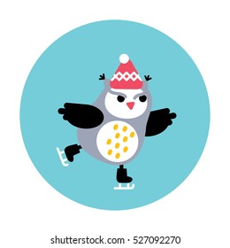ice Skating owl. Vector illustration. Christmas card.