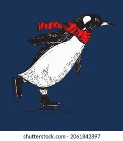 Ice skating penguin wearing scarf, hat, goggles. Vector illustration. Winter sports. Design elements for kids.