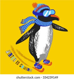 Ice skating penguin wearing scarf, hat, goggles. Vector illustration. Winter sports. Design elements for kids.