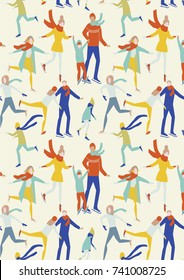 Ice skating people. Flat art. Seamless pattern. Stock vector.