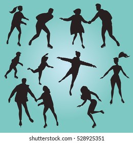 Ice skating people. Silhouettes. Set of cartoon illustrations