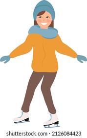 Ice skating person. Vector illustration on white background. Happy girl ice skating wearing brown pants blue mittens blue scarf hat and yellow jacket.