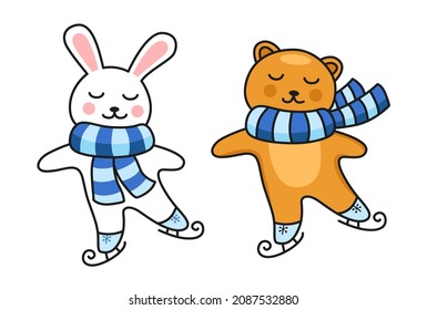 Ice skating rabbit and bear. Bunny in striped scarf. Cute cartoon funny character. Colored vector illustration for pin, sticker patch, badge, greeting card, postcard.