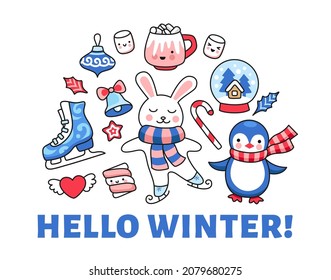 Conejo de patinaje sobre hielo, pingüino, malvaviscos. Conjunto de elementos aislados de vacaciones y caracteres para tarjeta de saludo, impresión, afiche y banner. Ilustración de dibujos animados.