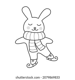 Ice skating rabbit in striped scarf. Cute cartoon bunny character. Funny outline illustration. Vector isolated emblem for logo, coloring book, tattoo, print.