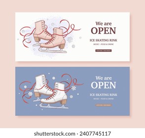 Ice skating rink flyer or horizontal promotion web banner design template. Hand drawn retro ice skate shoes and snowflakes on white and blue background. Vector illustration