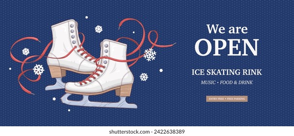 Plantilla de diseño de banner web de promoción horizontal o volante de pista de patinaje sobre hielo. Hand dibujó zapatos retro de patinaje sobre hielo y copos de nieve sobre fondo azul. Ilustración del vector