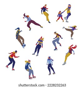 ice skating at rinkor on frozen lake. Vector illustration, clip art, cartoon in flat design. Characters set of happy figure colorful. 