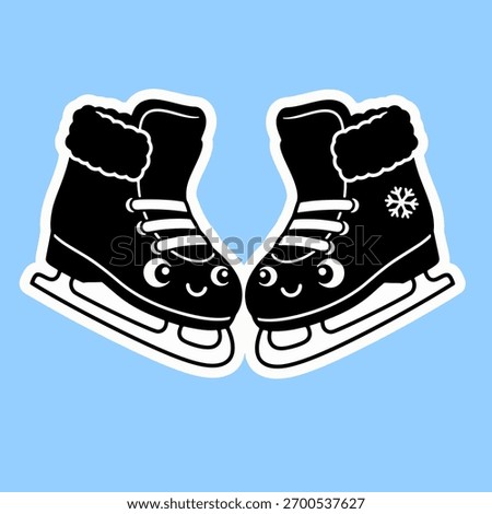 Ice skating shoe icon in flat black and white winter sticker style