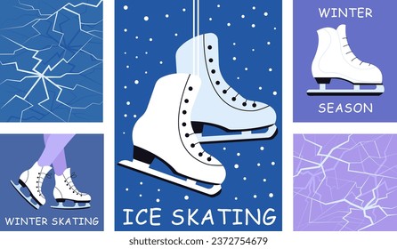 Carteles de zapatos de patinaje sobre hielo. Piezas rotas de hielo. Tarjetas de invitación para deportes de invierno. Patinaje vectorial en tarjetas de plantilla de hielo.