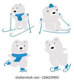 Ice skating and skiing bears. Set of illustrations. Flat vector graphic design on white background. 