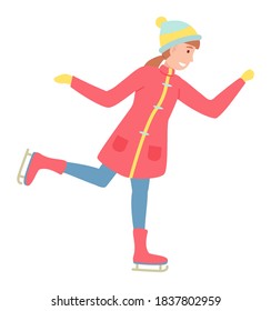 Ice skating smiling girl on frozen surface illustration. Vector cartoon small child wearing warm clothes on skates isolated on white background. Active family games in the winter season outdoor