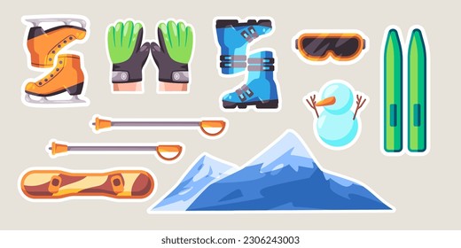 ice skating snowboarding equipment winter ski sport cartoon set sticker doodle collection bundle