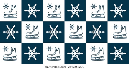 ice skating sport pattern background. shoes and snowflakes.