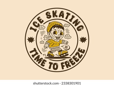 Ice skating time to freeze, mascot character illustration of a little boy playing ice skate, in vintage style
