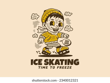 Ice skating time to freeze, mascot character illustration of a little boy playing ice skate, in vintage style