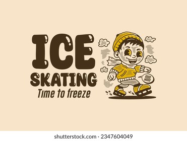 Ice skating time to freeze, mascot character illustration of a little boy playing ice skate, in vintage style