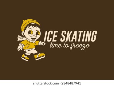 Ice skating time to freeze, mascot character illustration of a little boy playing ice skate, in vintage style