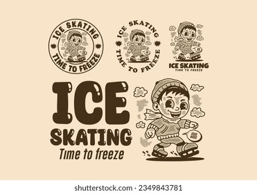 Ice skating time to freeze, mascot character illustration of a little boy playing ice skate, in vintage style